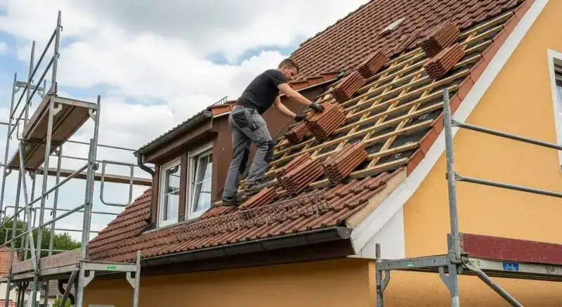 Dachdecker bei der Ziegeleindeckung