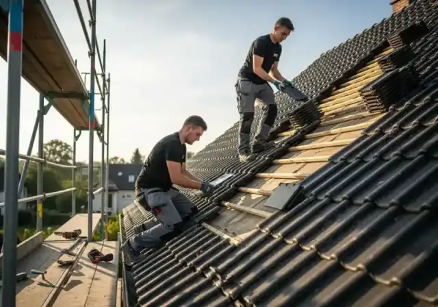 Professionelle Dachdeckerarbeiten am Gerüst