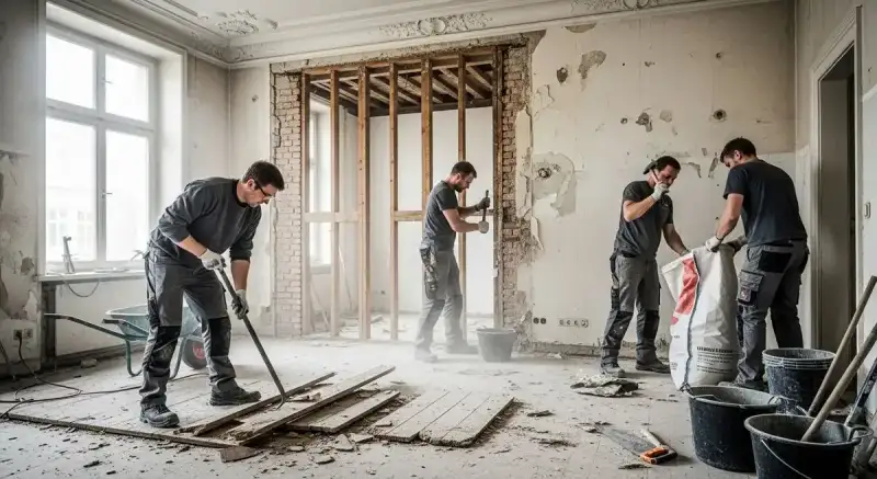 Rückbauteam bei Entkernungsarbeiten