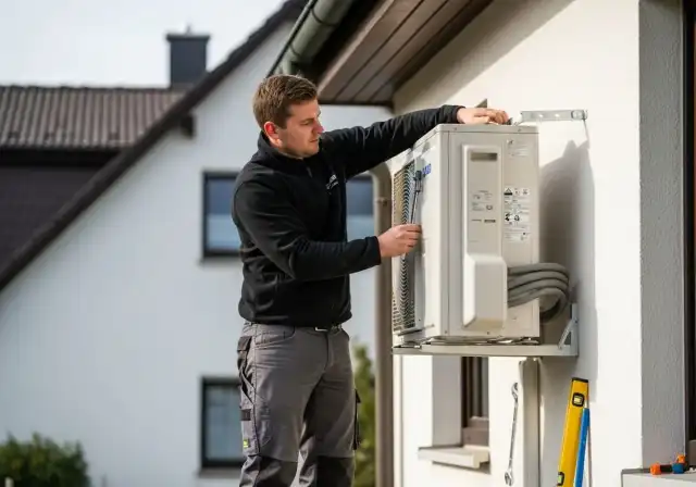 Luft-Wasser-Wärmepumpe vor einem Wohnhaus