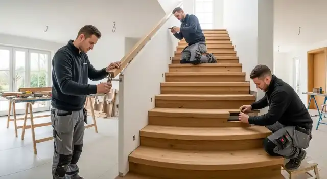 Handwerkerteam bei der Treppenmontage