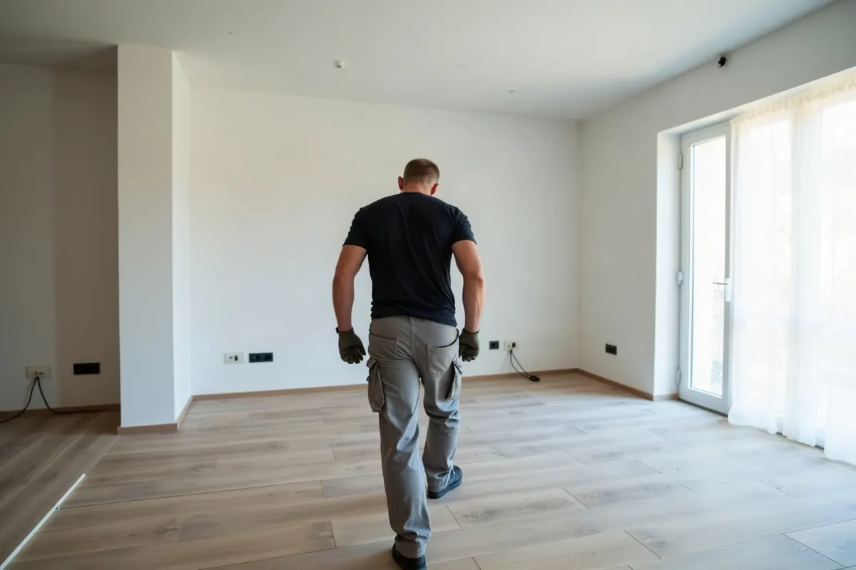Handwerker verlegen neues Parkett in einer leeren Wohnung