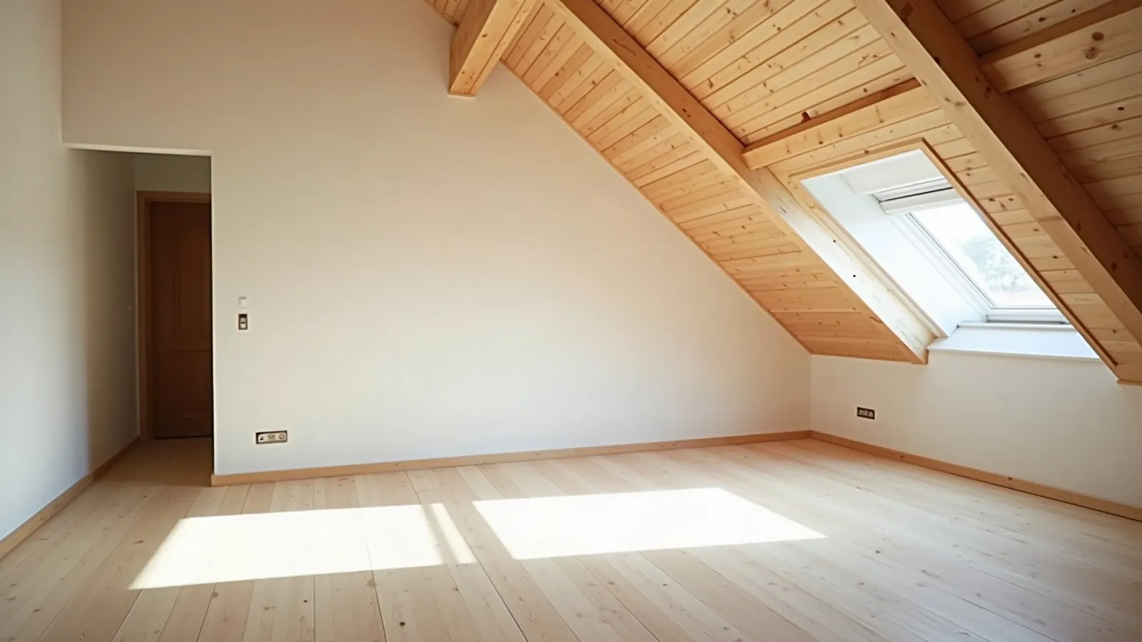Ausgebautes Dachgeschoss mit Dachfenstern, sichtbaren Holzbalken und hellem Wohnbereich