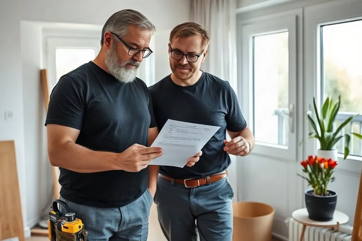 Eigentümerpaar liest mit einem Ansprechpartner in schwarzem T-Shirt einen Generalunternehmervertrag durch