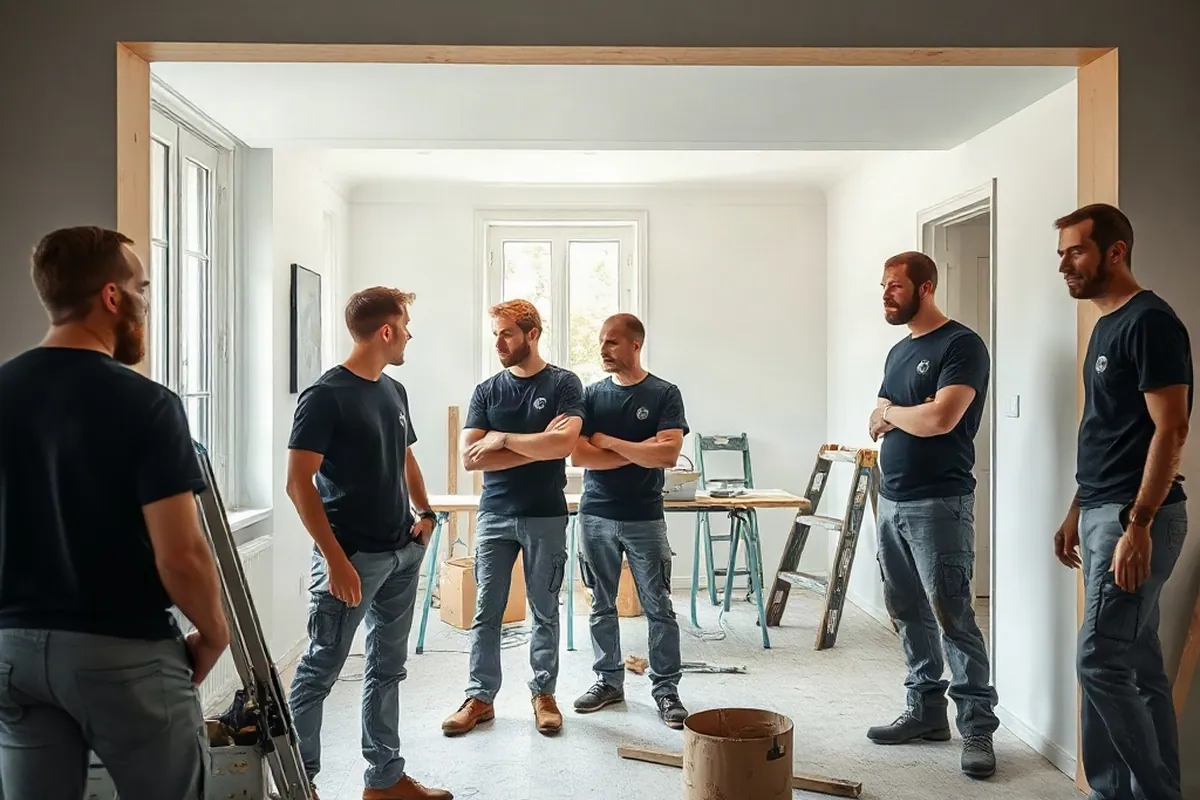 Baubesprechung in einer sanierten Wohnung mit Handwerkern in grauen Arbeitshosen und schwarzen T-Shirts