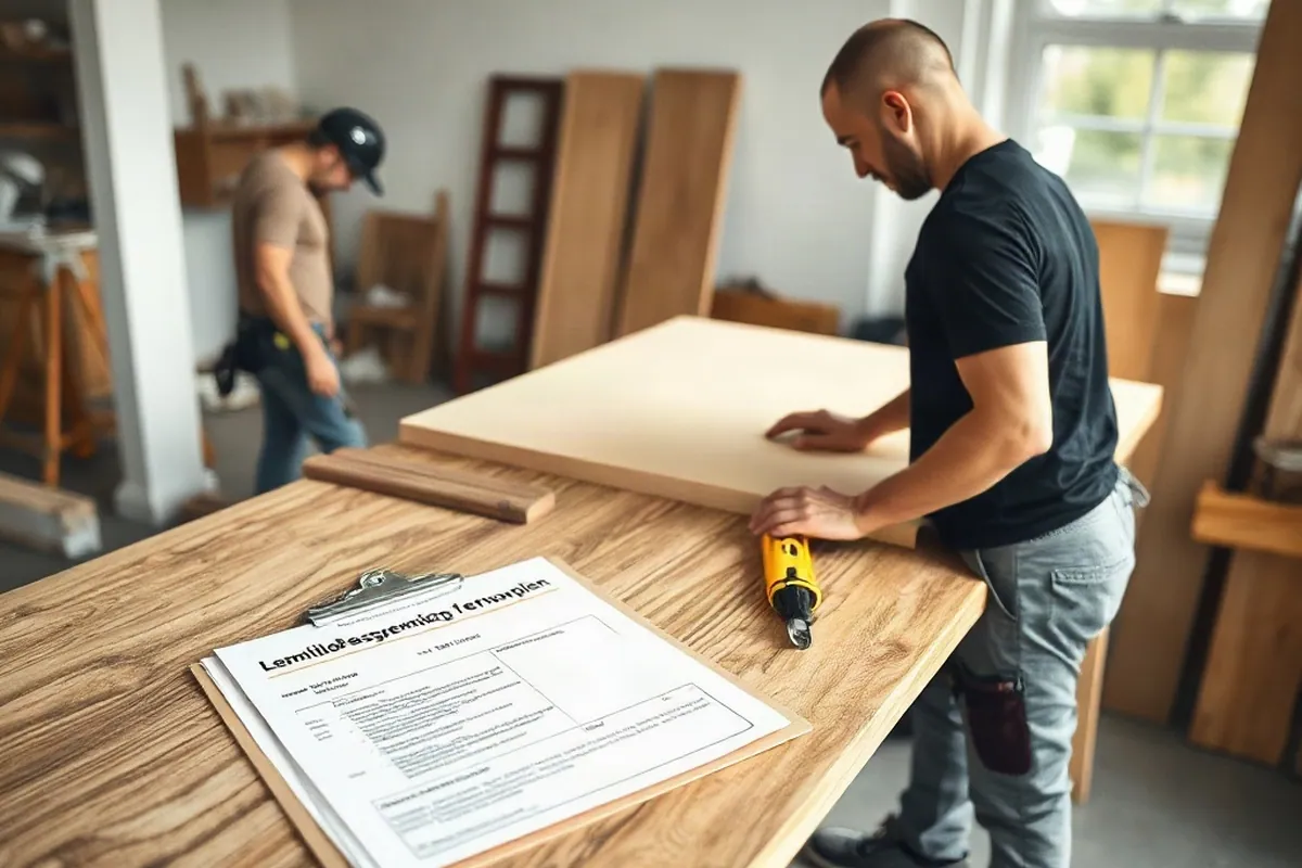 Ordner mit Leistungsbeschreibung, Terminplan und Vertrag für eine Sanierung auf einem Schreibtisch