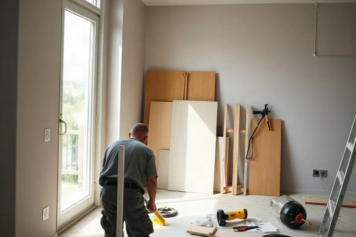 Leere Sanierungsbaustelle in einer Wohnung mit abgedeckten Materialien und ruhendem Werkzeug