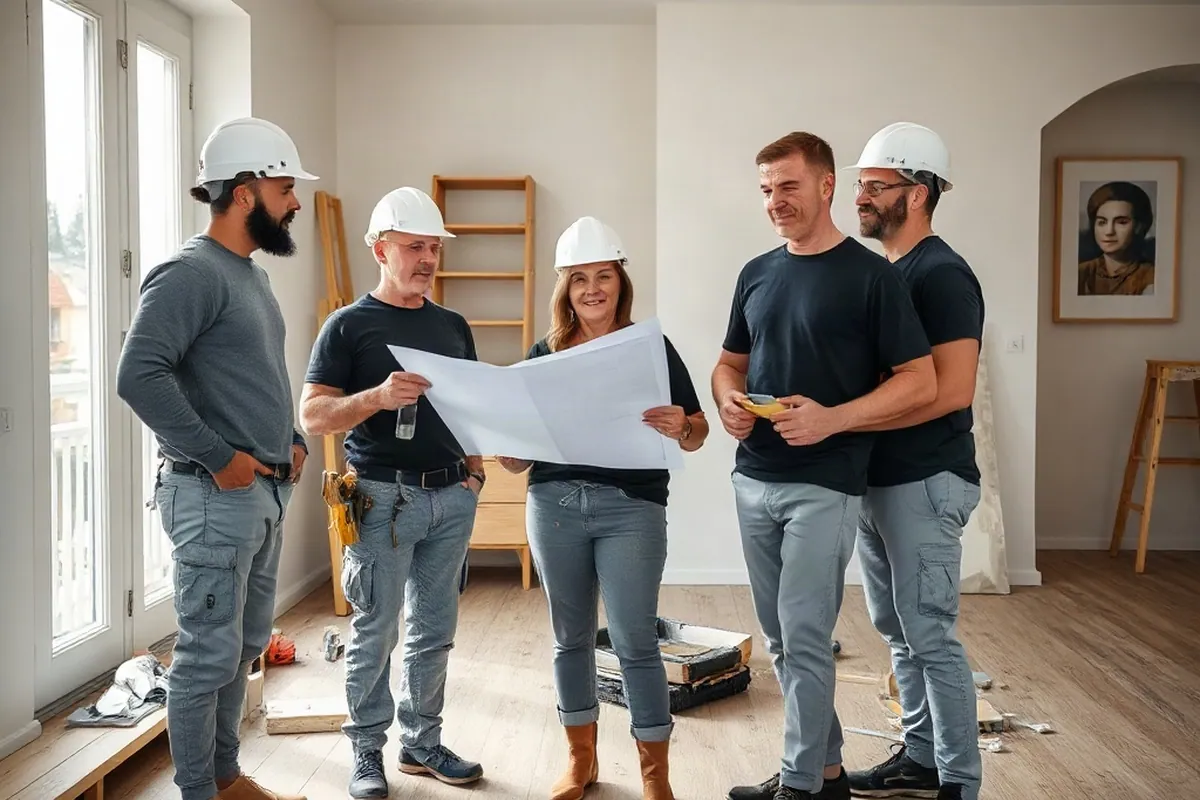 Eigentümerin mit Bauplan und Notizblock steht zwischen mehreren Handwerkern in einer Rohbauwohnung