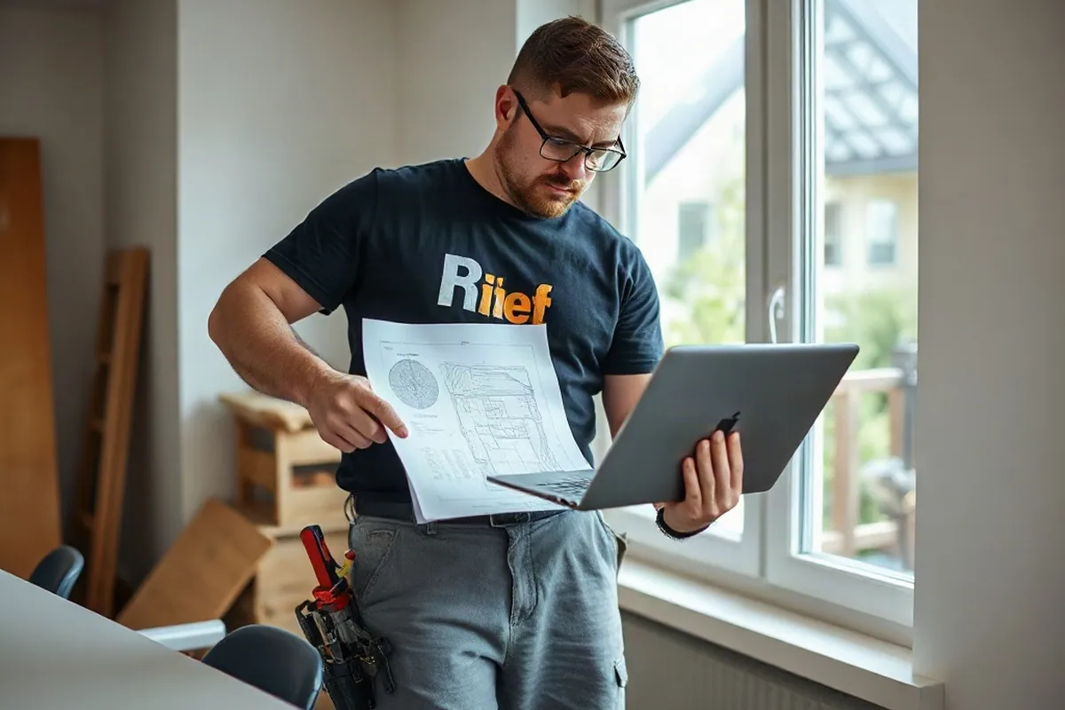 Eigentümer lädt am Laptop Fotos und Grundrisse für seine Sanierungsanfrage hoch