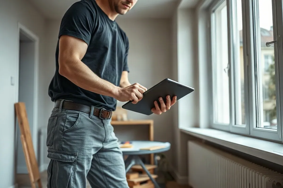 Handwerker in grauer Arbeitshose und schwarzem T-Shirt nimmt mit Tablet den Bestand einer Wohnung auf