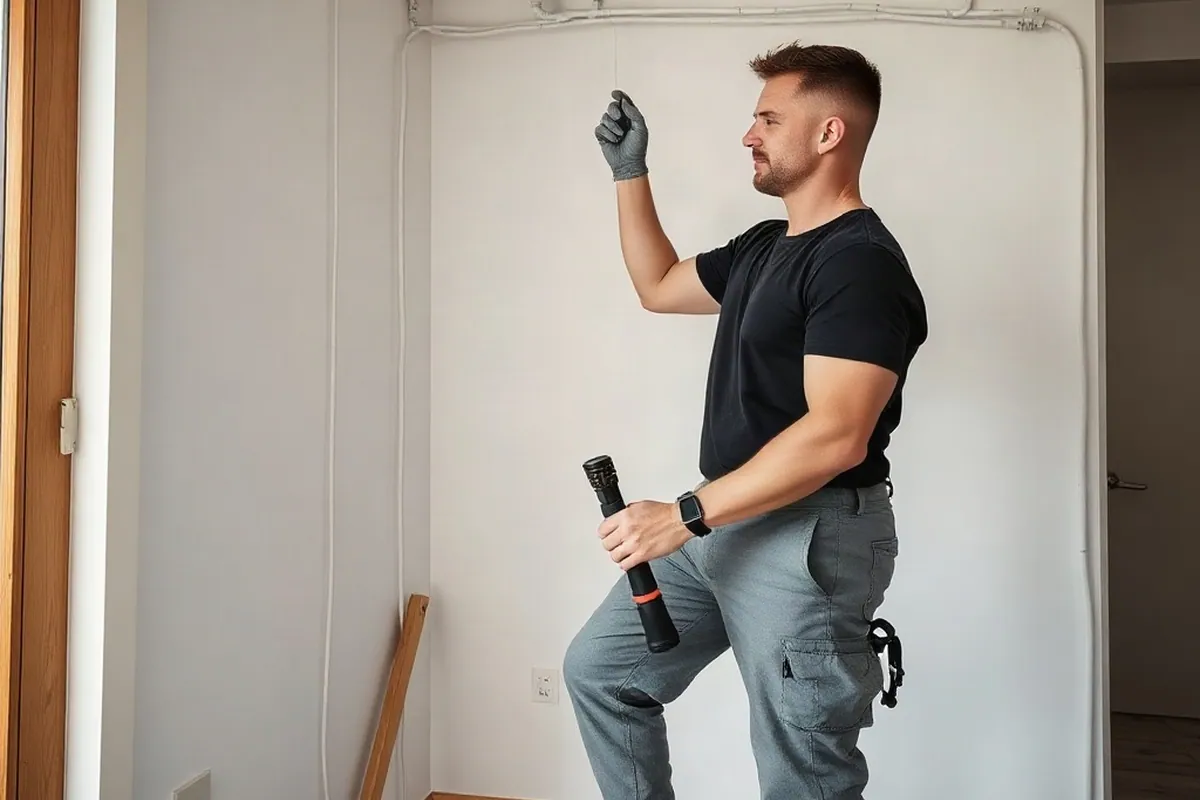 Handwerker in grauer Arbeitshose und schwarzem T-Shirt prüft verlegte Leitungen vor dem Verputzen