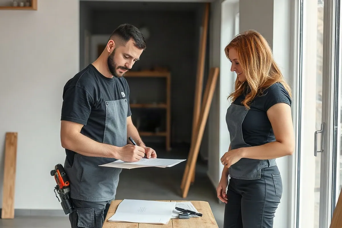 Ansprechpartner in schwarzem T-Shirt unterschreibt mit einer Eigentümerin das Übergabeprotokoll