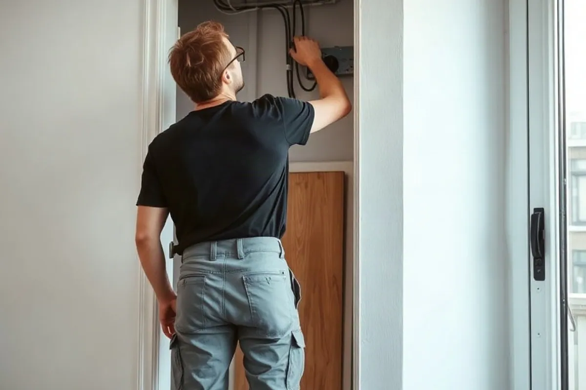 Handwerker in grauer Arbeitshose und schwarzem T-Shirt prüft Leitungen hinter einer geöffneten Wand