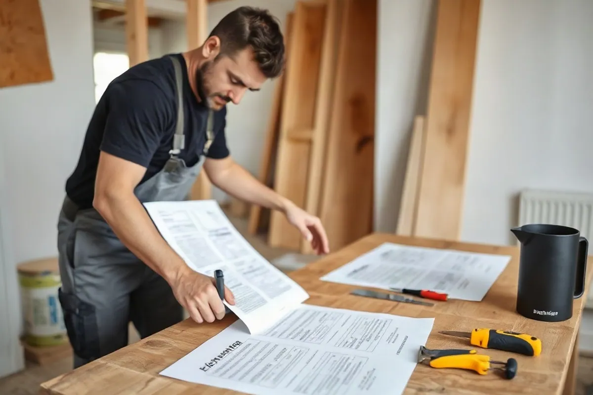 Ausgedruckte Leistungsbeschreibung mit einzelnen Positionen neben Materialmustern auf einem Tisch