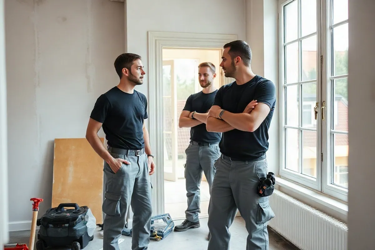 Handwerker in grauen Arbeitshosen und schwarzen T-Shirts besprechen Aufgaben in einer Baustellenwohnung