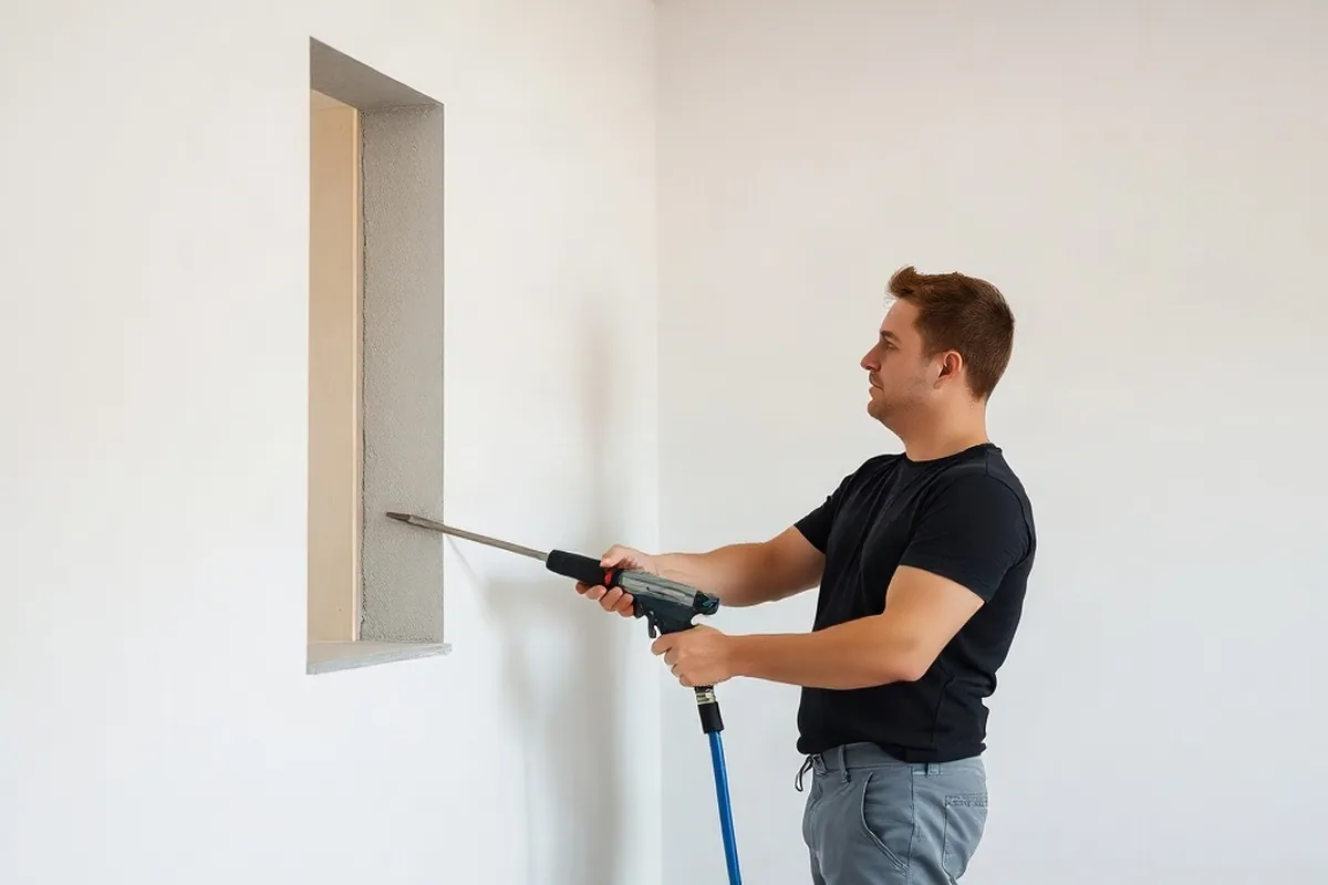 Handwerker in schwarzem T-Shirt kontrolliert mit Wasserwaage einen frisch verlegten Estrich