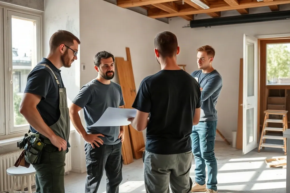 Ansprechpartner von KSHW-MUC in schwarzem T-Shirt bespricht mit Handwerkern einen Terminplan in einer Wohnung