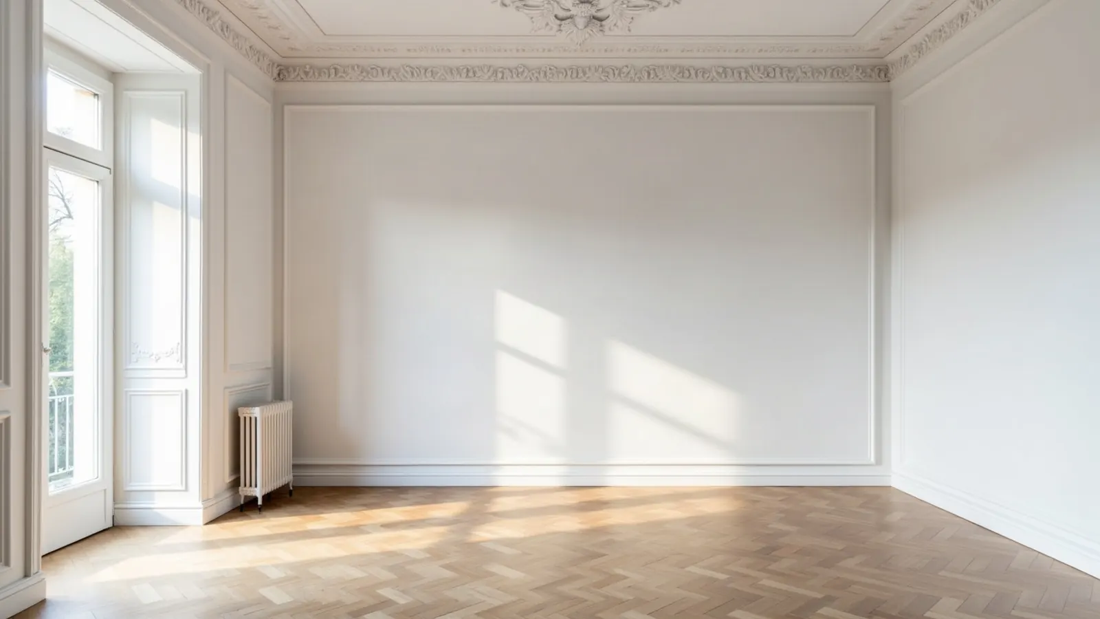 Helle sanierte Altbauwohnung mit Eichenparkett, weißen Wänden und hohen Fenstern