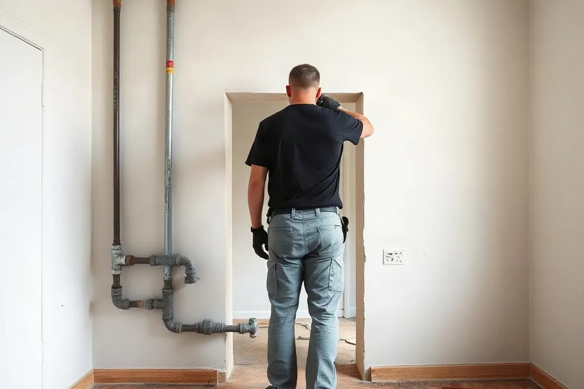 Offene Wand mit alten und neuen Wasserleitungen in einer Münchner Altbauwohnung vor dem Verputzen