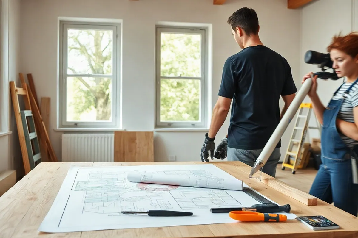 Notizblock mit Sanierungsplanung, Grundriss und Farbmustern auf einem Holztisch