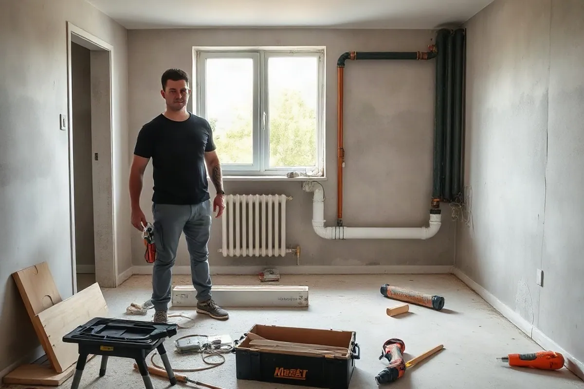 Unfertige Baustelle in einer Wohnung mit Werkzeug und offenen Leitungen, niemand arbeitet