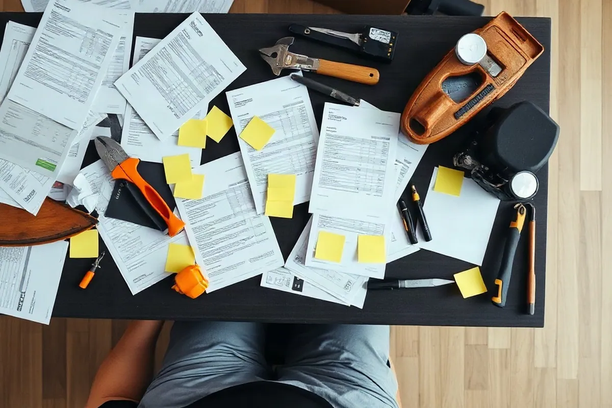 Stapel mit Angeboten, Rechnungen und Notizzetteln verschiedener Handwerksbetriebe auf einem Schreibtisch