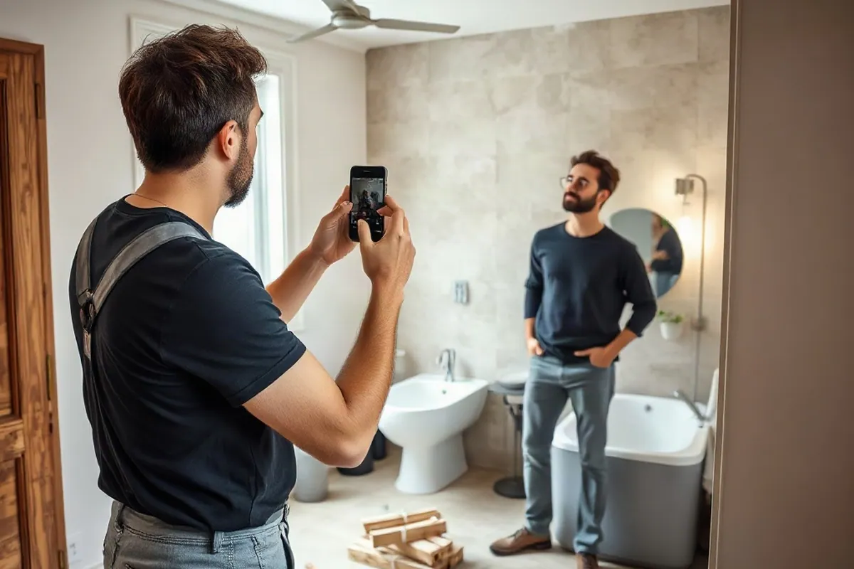 Eigentümer fotografiert mit dem Smartphone ein altes Bad für die Sanierungsanfrage