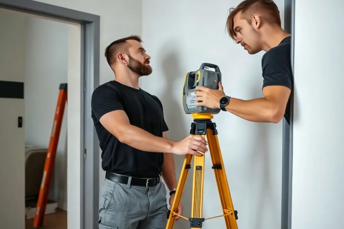 Handwerker in grauer Arbeitshose und schwarzem T-Shirt misst bei einer Besichtigung eine Wand aus