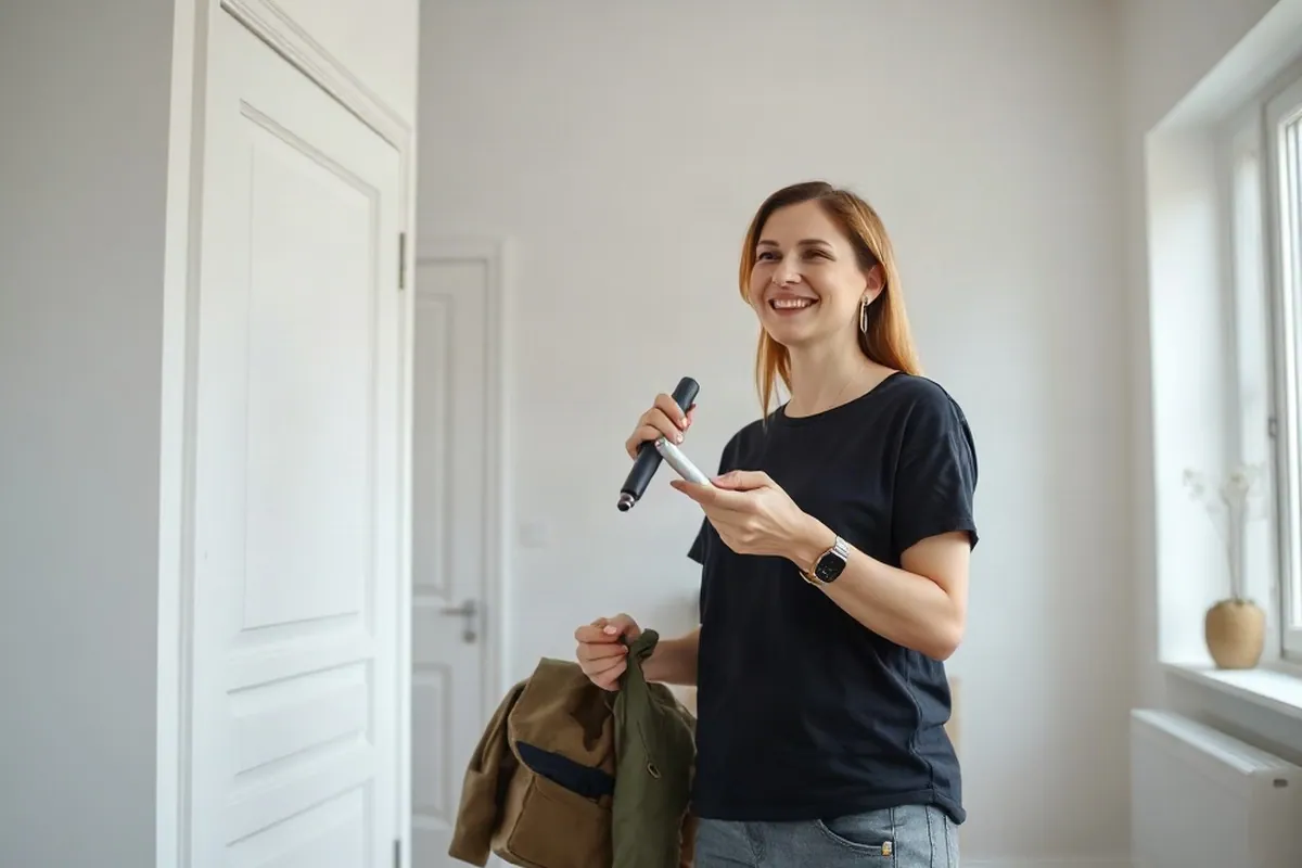 Handwerker in schwarzem T-Shirt übergibt einer Eigentümerin die fertig sanierte Wohnung