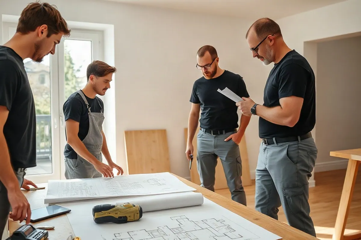 Sanierungsteam von KSHW-MUC in grauen Arbeitshosen und schwarzen T-Shirts bespricht einen Grundriss